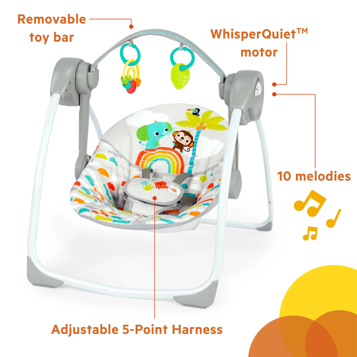 Baby swing seat with removable toy bar, gray armrests, and colorful jungle animal pattern
