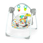 Portable baby swing with white frame, gray seat, and colorful jungle animal pattern cushion