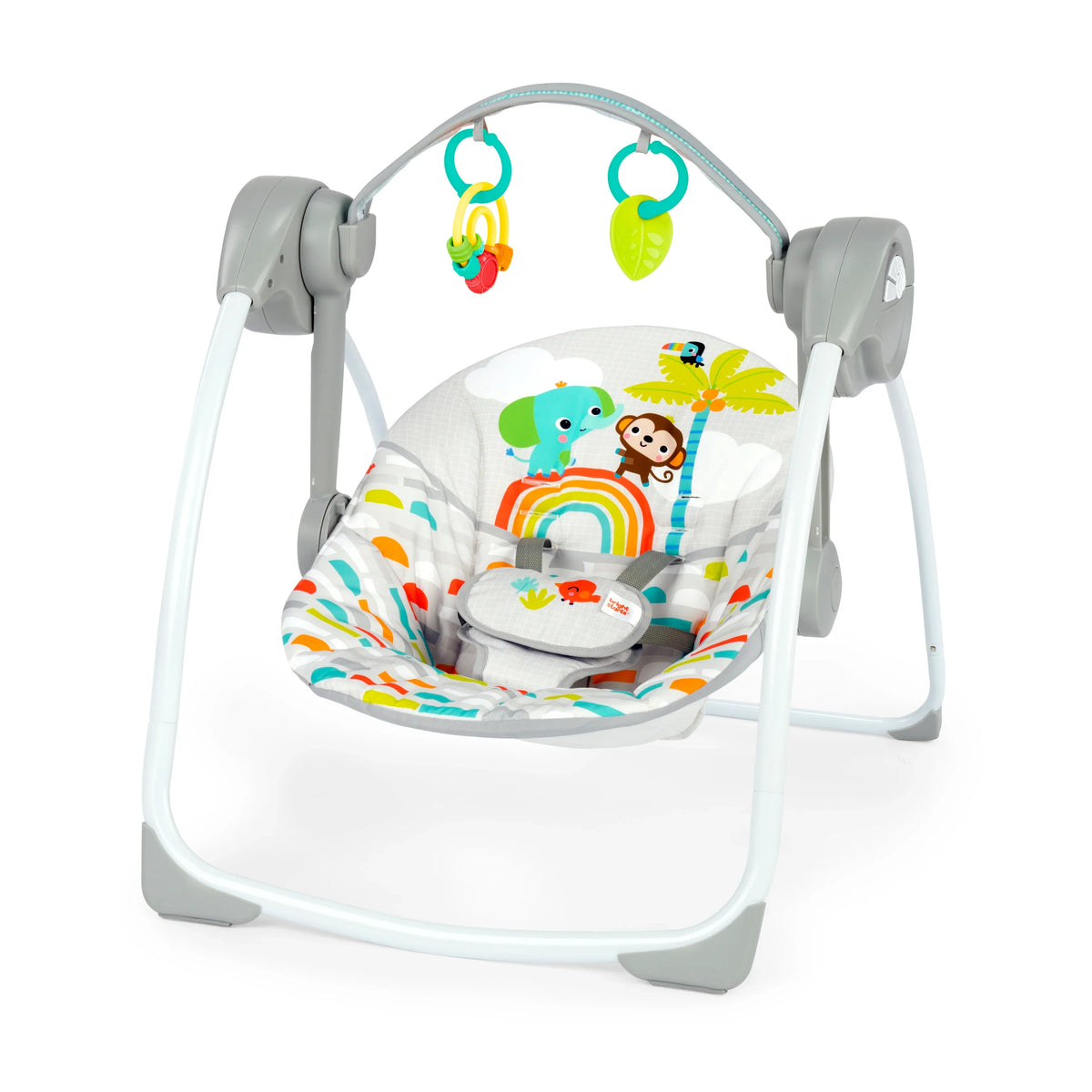 Portable baby swing with white frame, gray seat, and colorful jungle animal pattern cushion