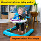 Baby using turquoise baby walker with rotating blue character toy and front activity tray