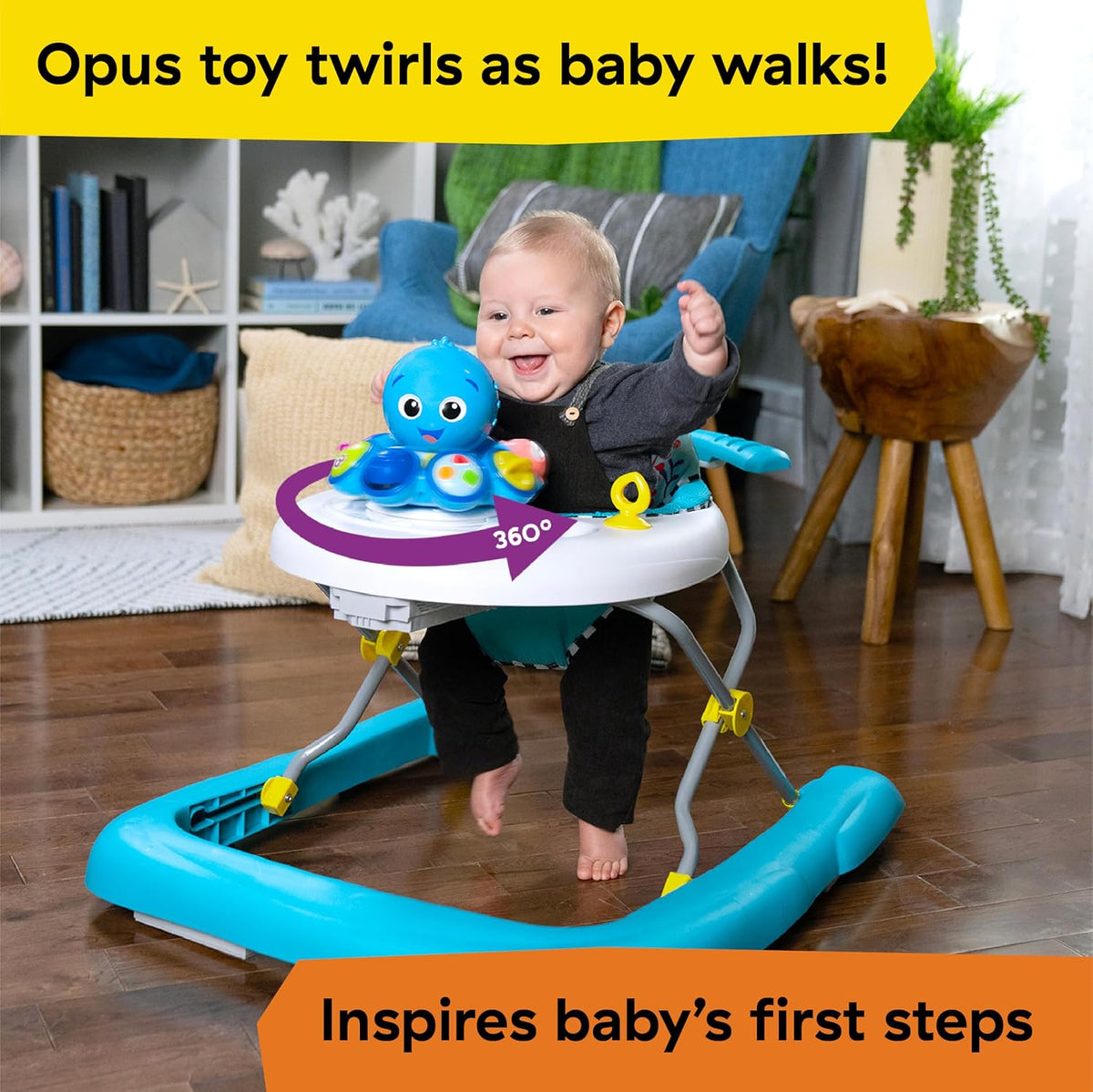 Baby using turquoise baby walker with rotating blue character toy and front activity tray