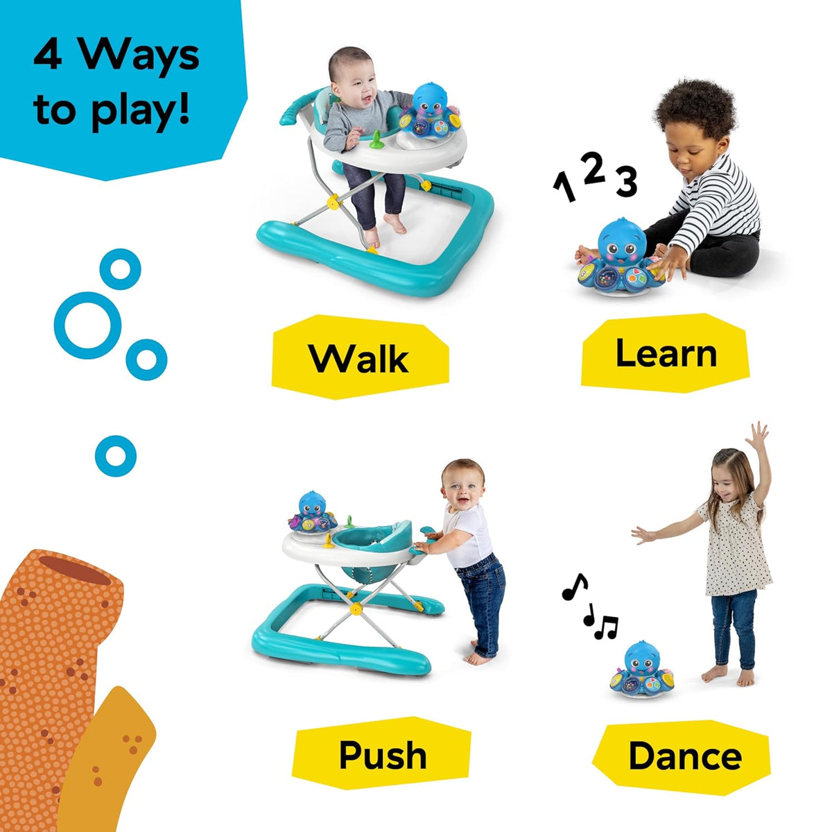 Turquoise baby walker with blue character activity toys and removable play tray