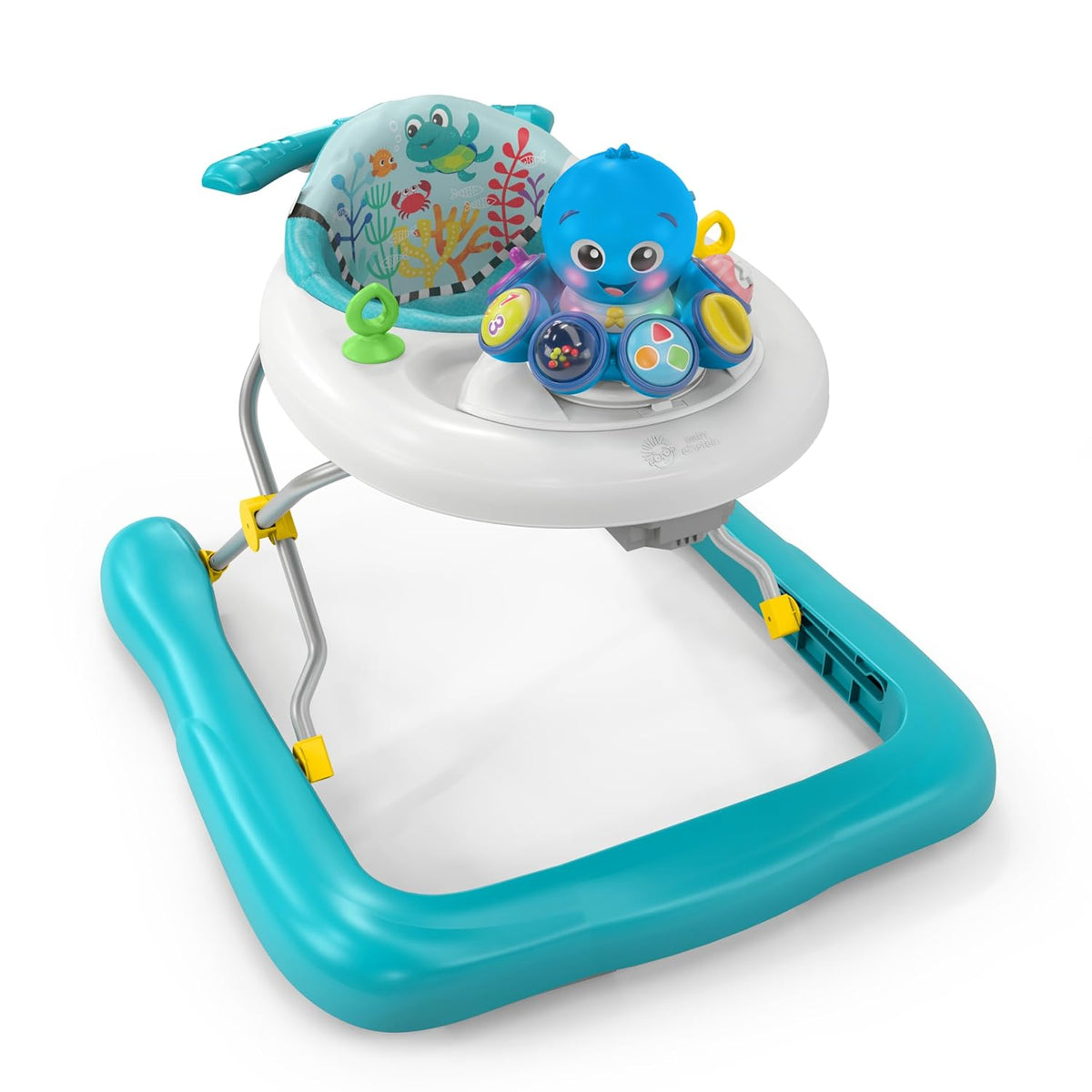 Turquoise baby walker with white seat, blue character toy and colorful activity panel