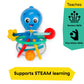 Blue octopus teether rattle with red, green, and yellow ring arms