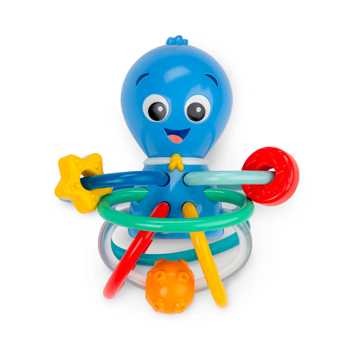 Blue octopus teether rattle with colorful ring handles and star and arm pieces