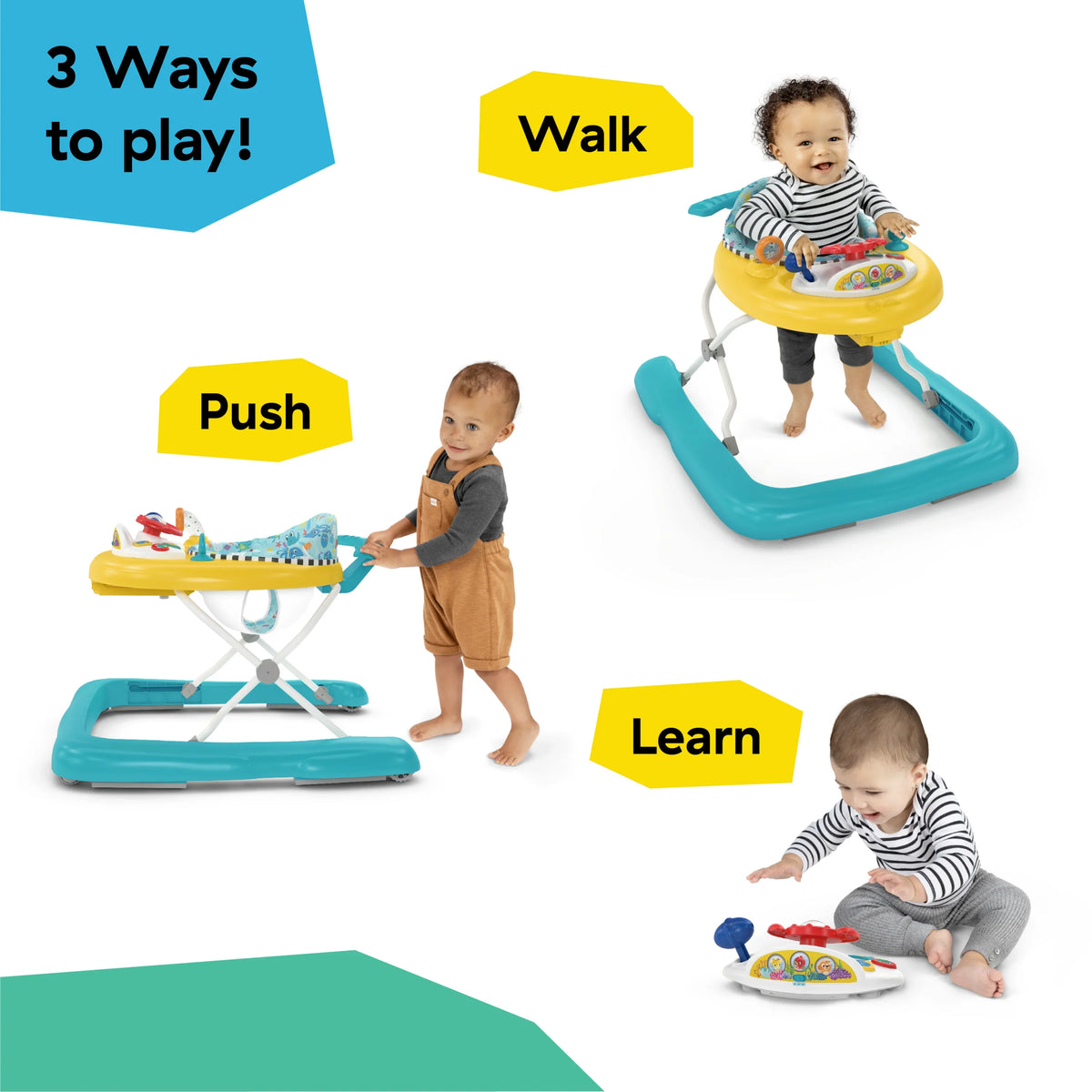 3-in-1 submarine baby walker with blue frame and yellow play tray