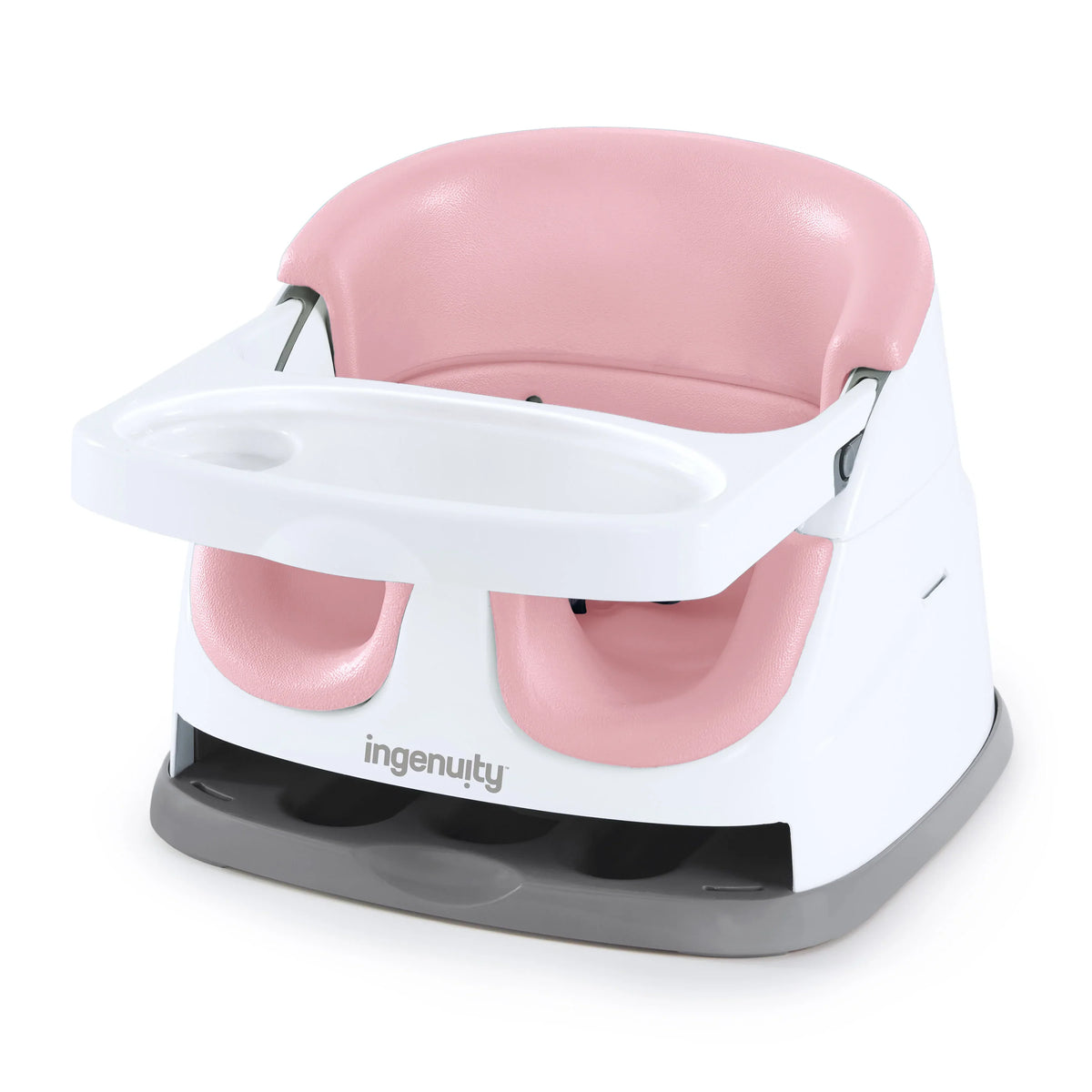 2-in-1 baby booster seat with white tray, pink seat pad, and gray base