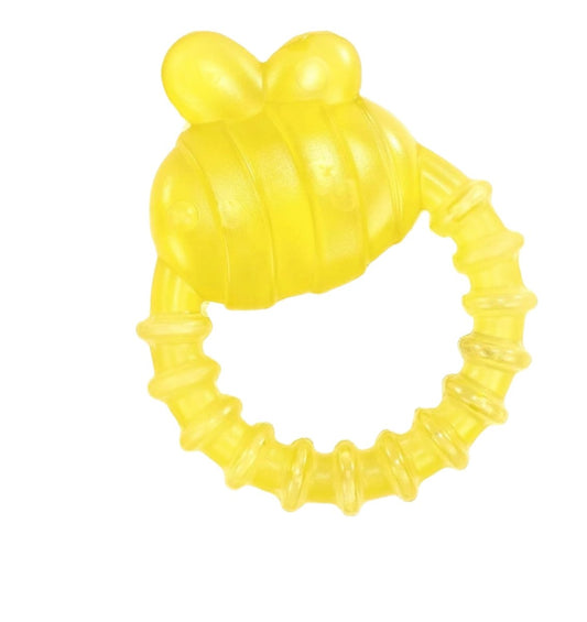 Yellow water teether ring with textured turtle design and raised handles
