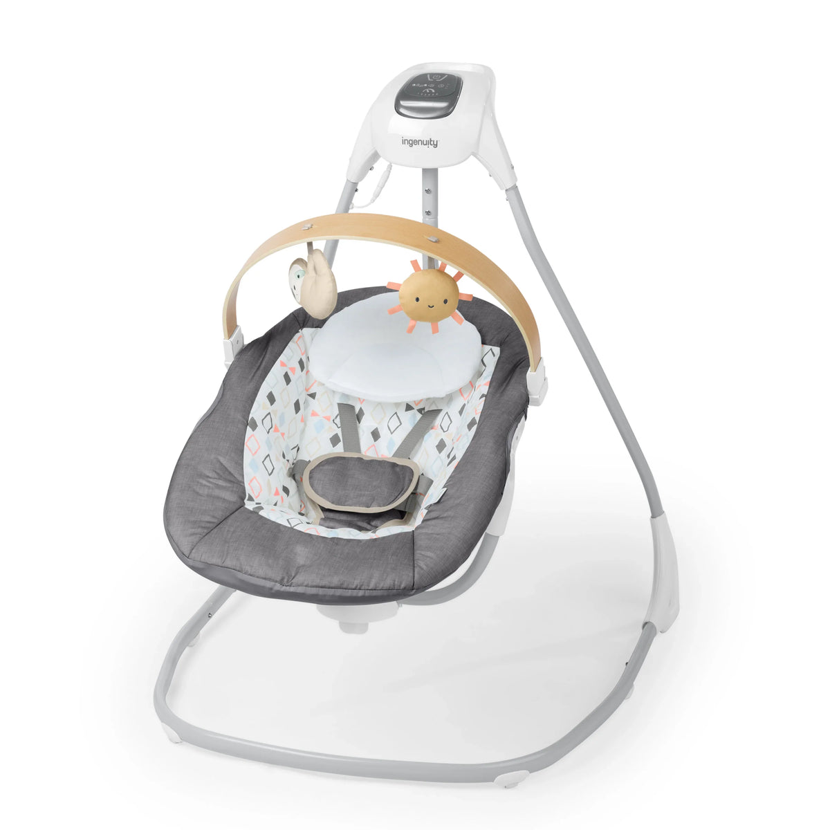 Baby swing seat with gray fabric and light wood toy arch on a compact frame