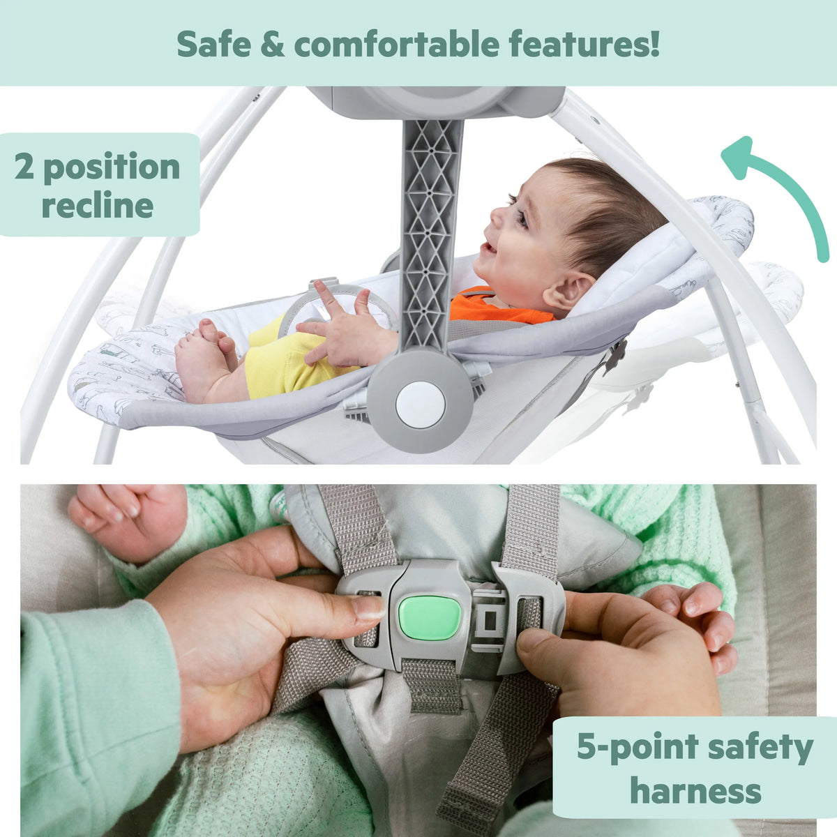 Baby swing with safety harness straps and padded reclined seat with toy bar.