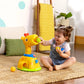 Yellow giraffe ball play toy with green base and removable rolling balls