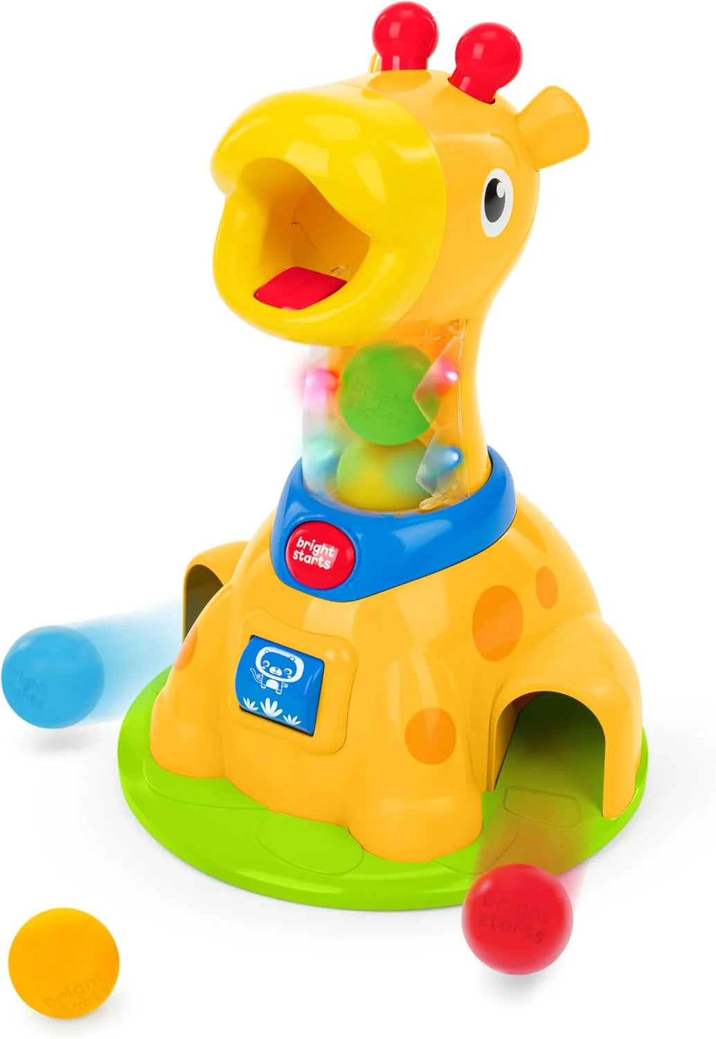 Yellow giraffe ball play toy with spinning base and colorful balls
