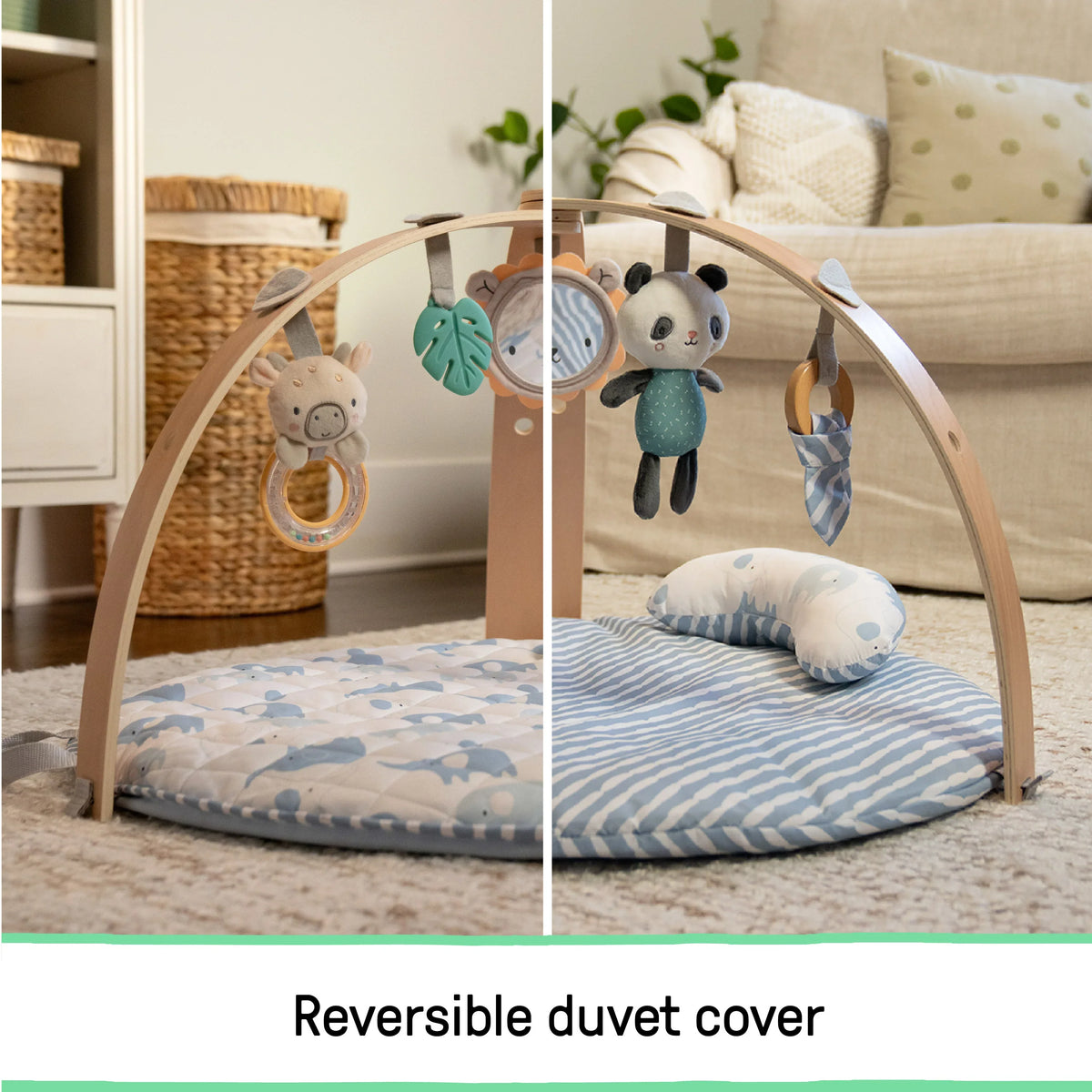 Baby activity gym with arch and hanging toys over reversible blue-and-white mat