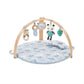 Baby activity gym with arched frame, panda toy, and blue elephant play mat