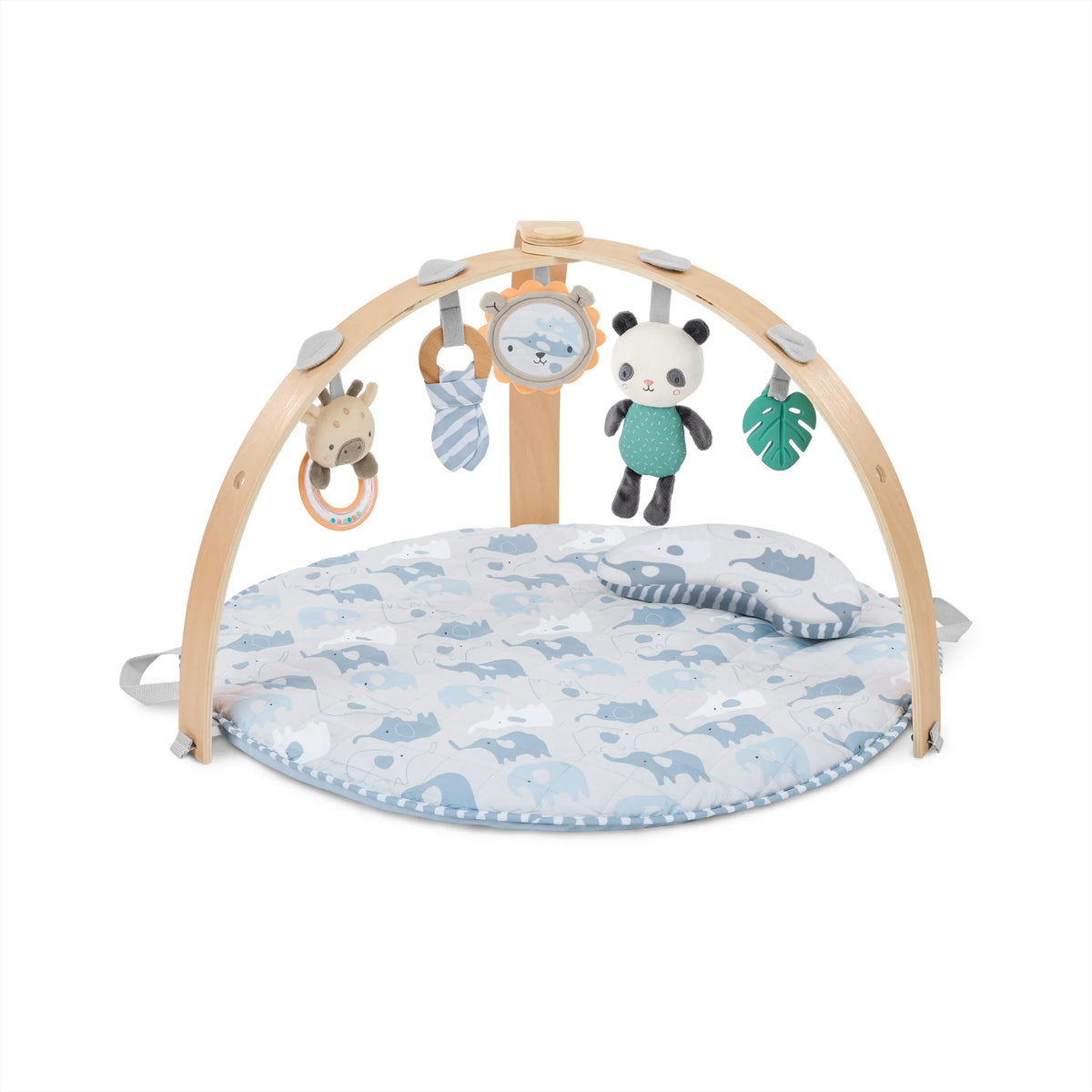 Baby activity gym with arched frame, panda toy, and blue elephant play mat