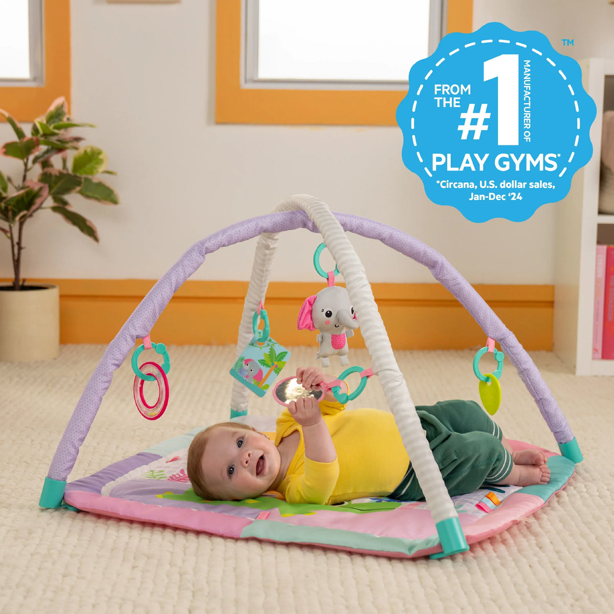 Baby foldaway activity gym mat with arch, hanging toys, and colorful play panel