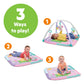 Baby activity gym mats shown in three play positions with infants on colorful surfaces