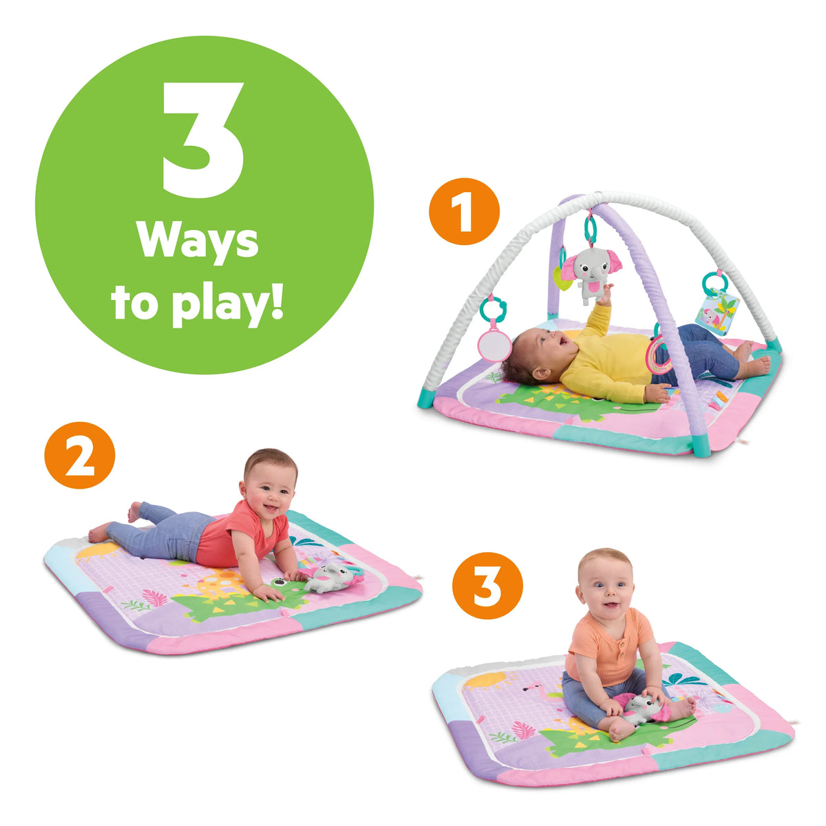 Baby activity gym mats shown in three play positions with infants on colorful surfaces
