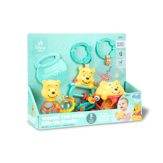 Pooh-themed 5-piece sensory baby toy bundle with rattle, rings, and activity clips