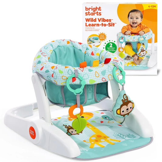 Two-position baby floor seat with teal fabric, animal-print mat, and hanging toy bar