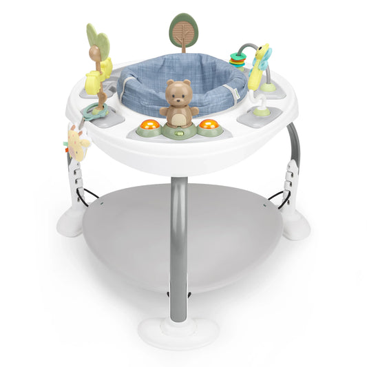 Chambray baby activity jumper with seat pad and rotating toy bar