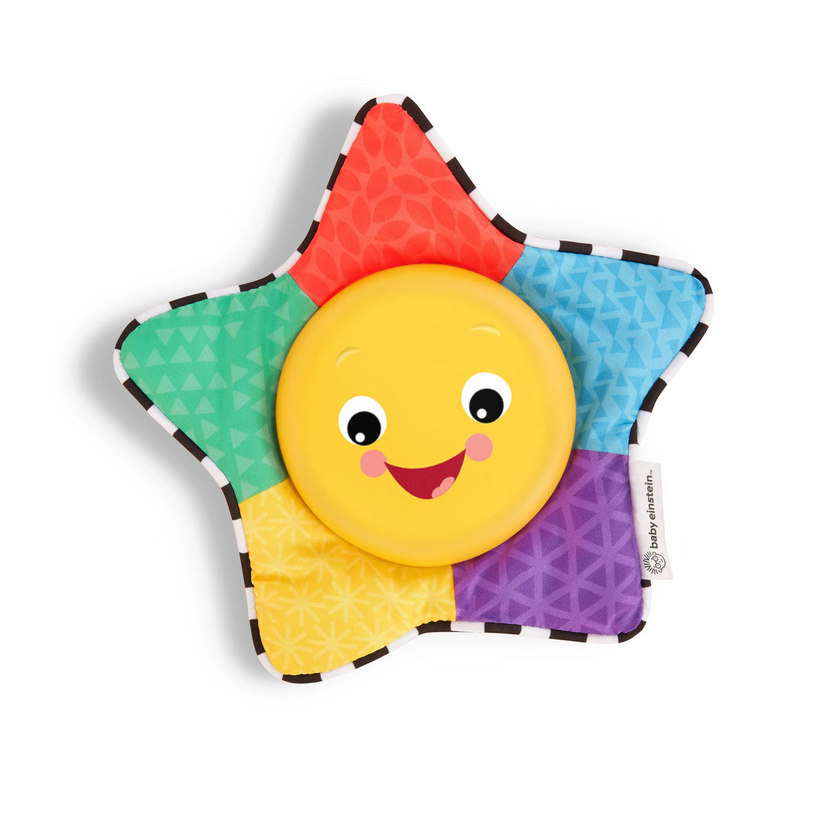 Star-shaped plush musical toy with smiling yellow face and colorful patchwork