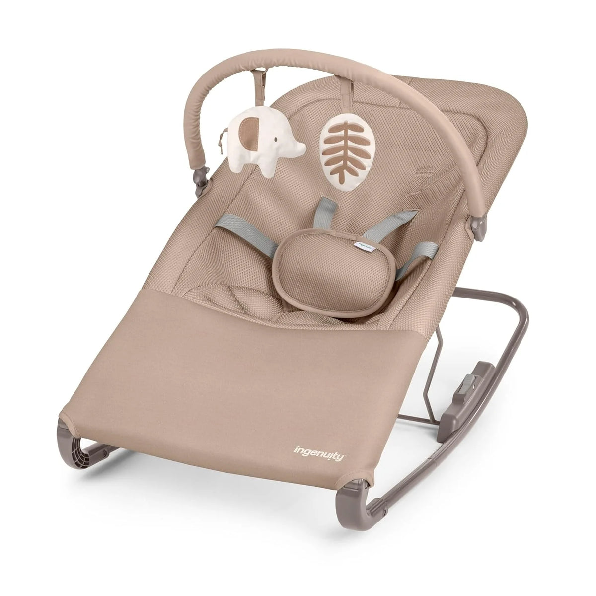 Beige infant vibrating rocker seat with padded harness and toy bar