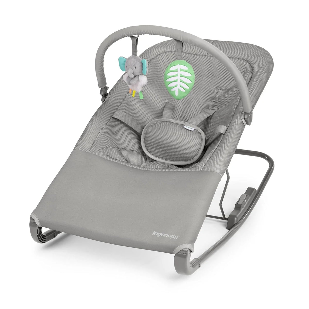 Grey infant vibrating rocker seat with padded harness and toy bar