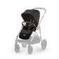 Chocolate brown stroller with canopy on light gray frame, angled view