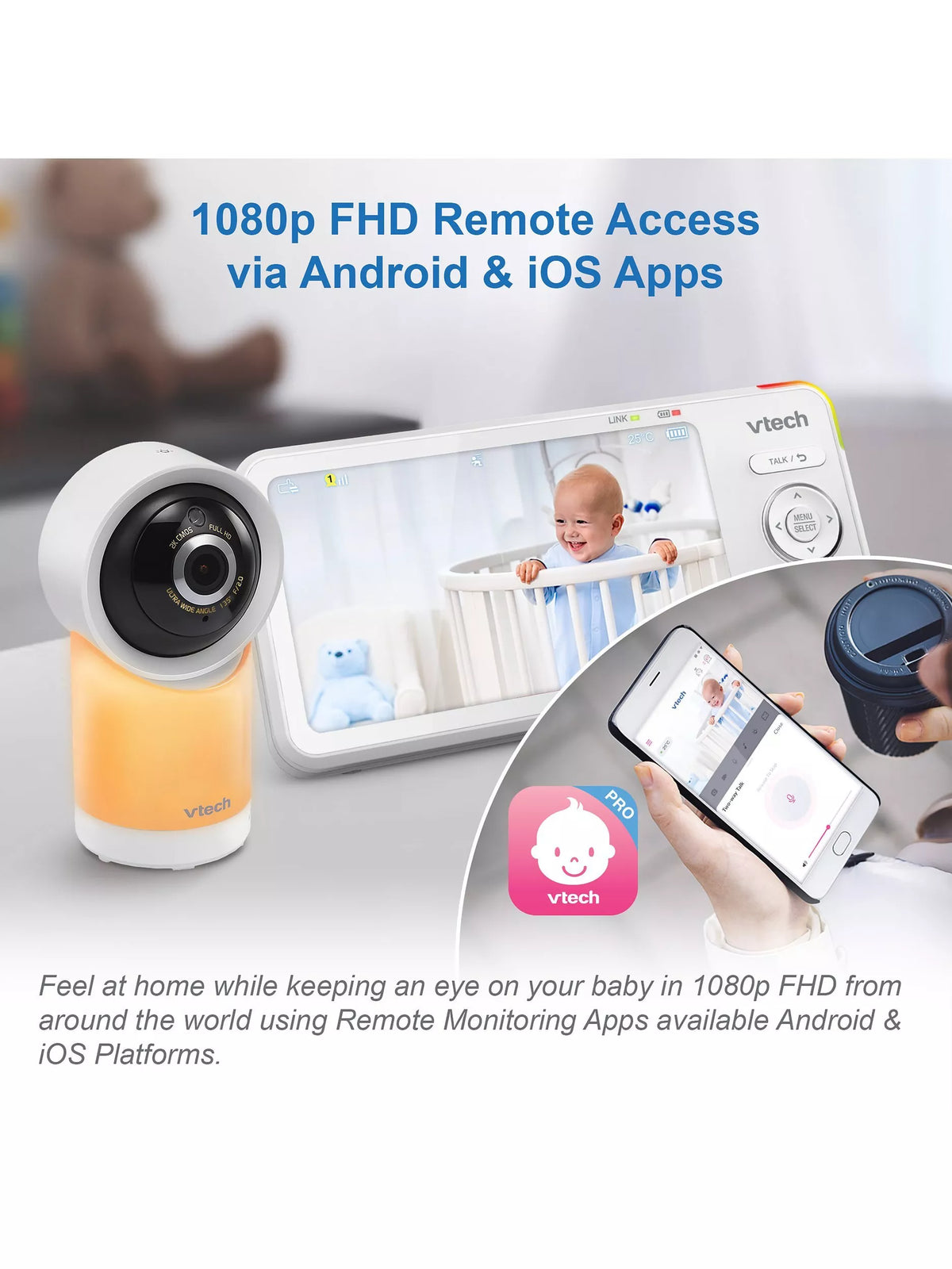 Smart WiFi pan-tilt baby monitor camera in white and orange with black lens