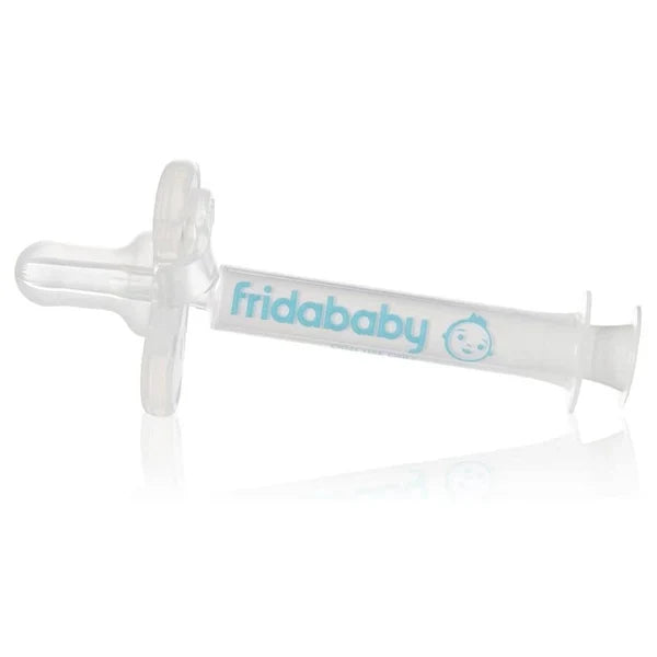 Accu-dose medicine dispenser pacifier, clear shield with blue logo on white tube