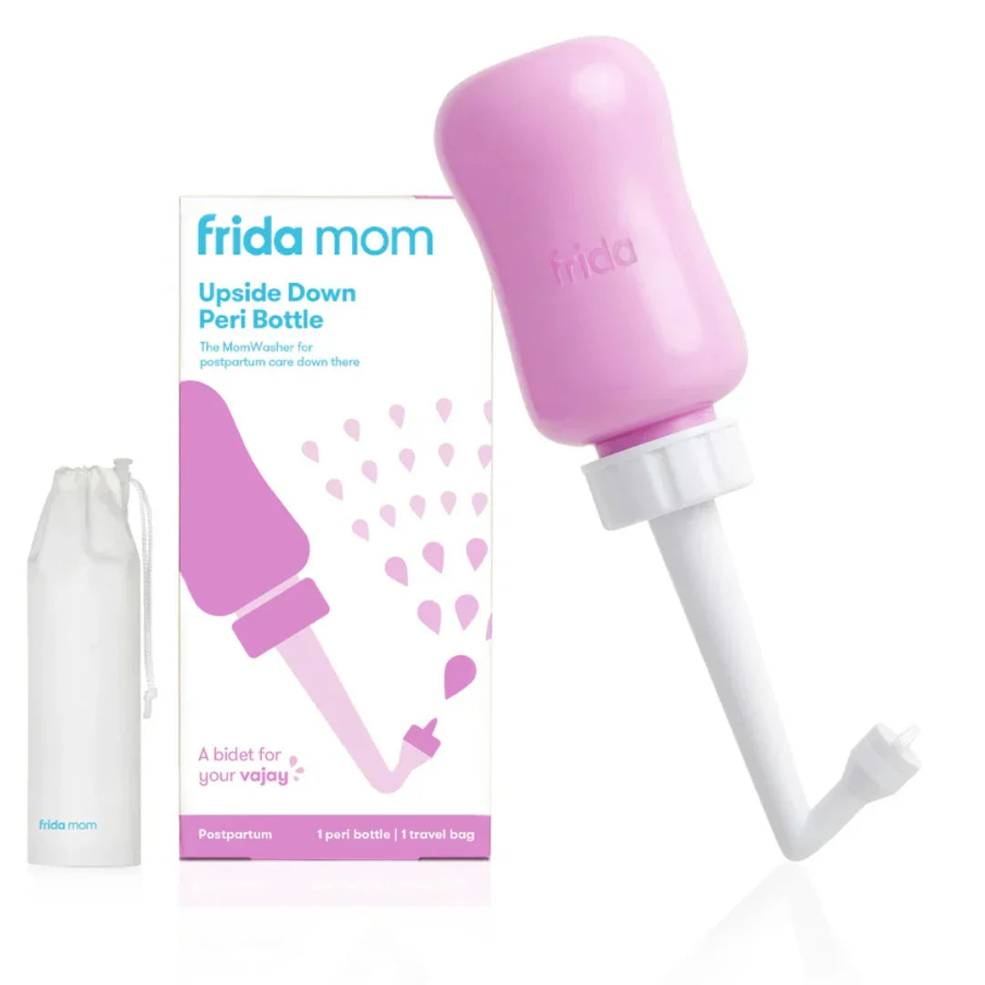 frida mom upside-down peri bottle in purple with white nozzle and box.
