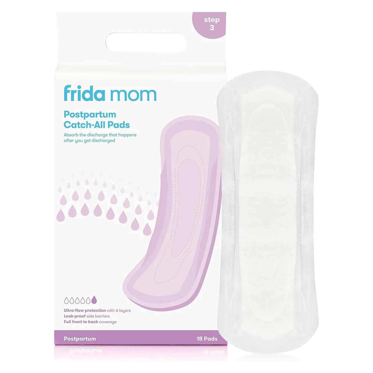 Postpartum catch-all pads 18-pack, with one white pad shown in package