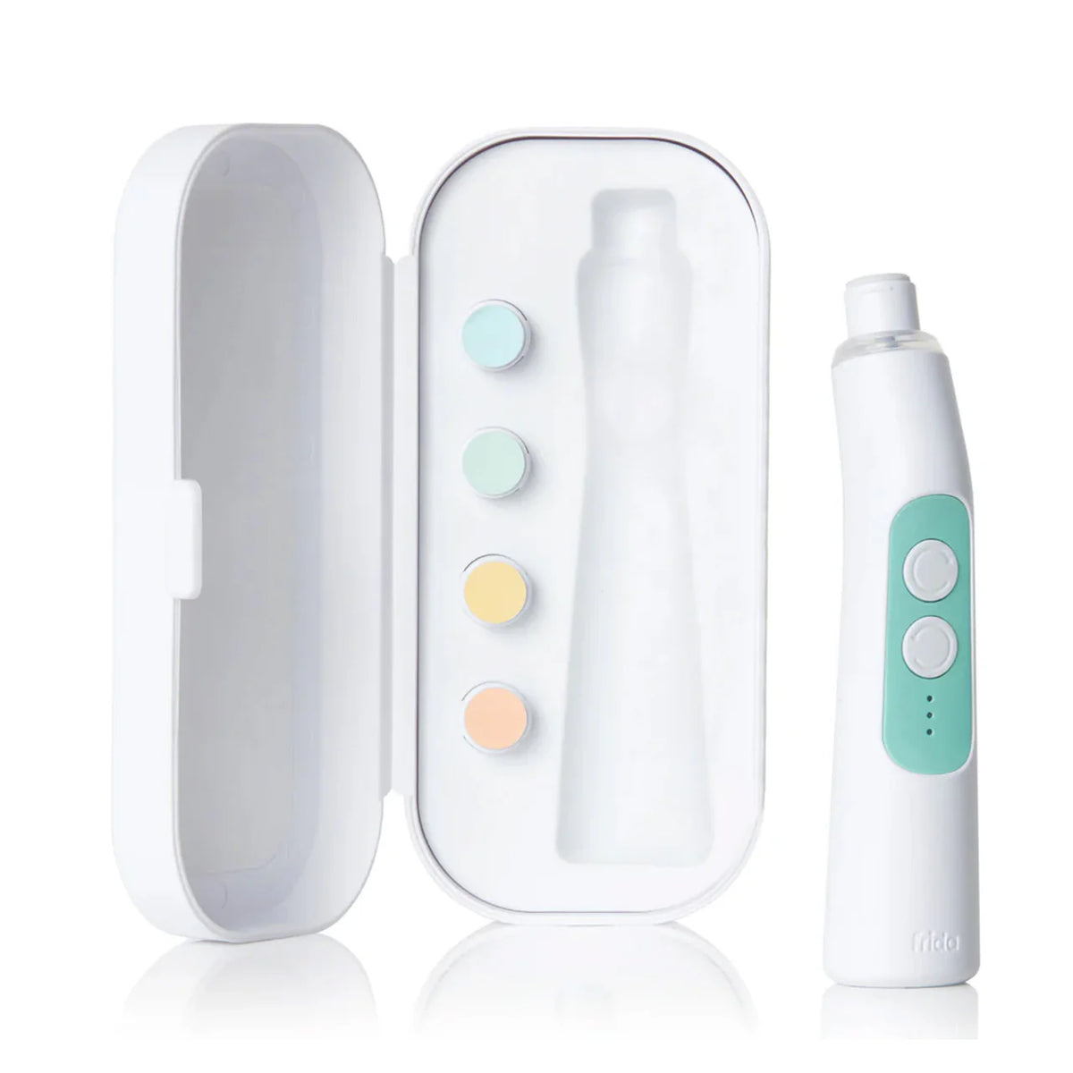 Electric nail buffer with white shell, teal buttons, and open case