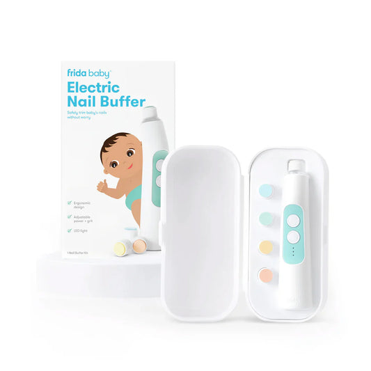 Electric nail buffer in white case with teal control panel and round button lights