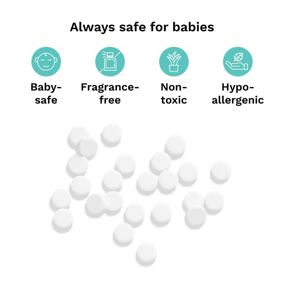 White descaling tablets with safety icons: baby-safe, fragrance-free, non-toxic, hypoallergenic