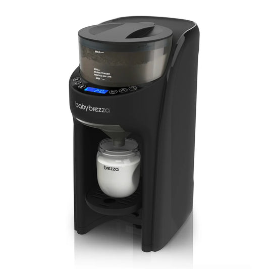 Black babybrezza formula maker with bottle jar inside heating chamber