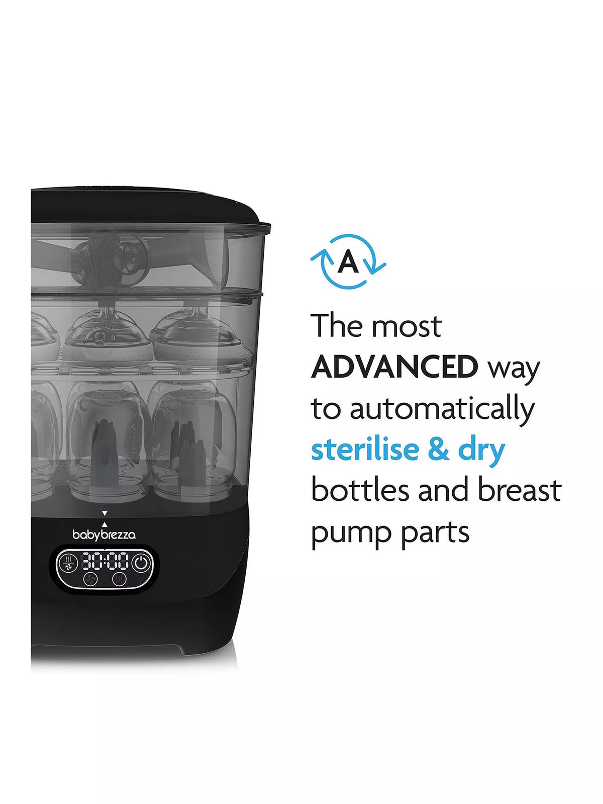 Black steriliser dryer with transparent chamber and front control panel