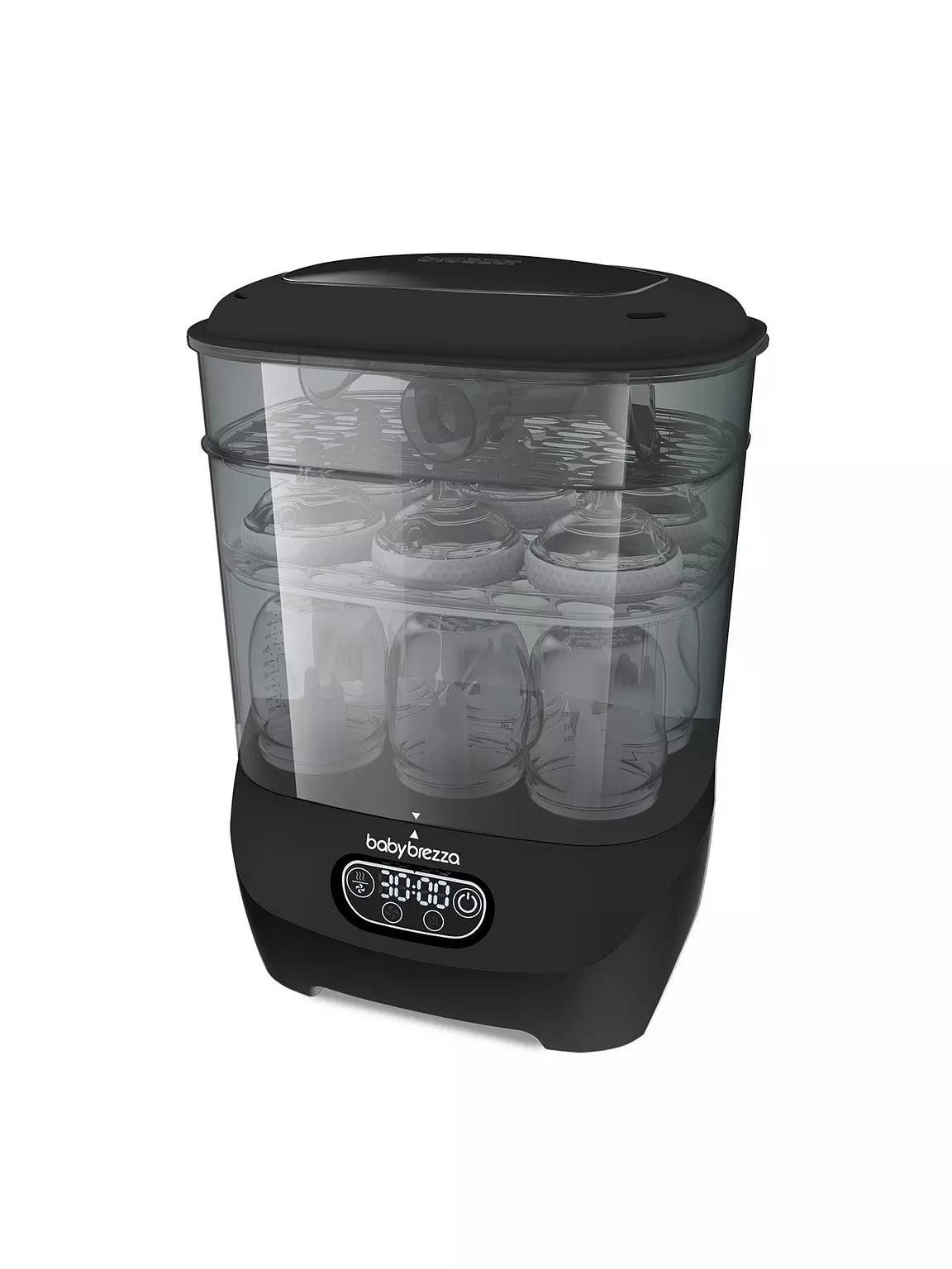 Black steriliser dryer with clear lid and visible interior bottle racks