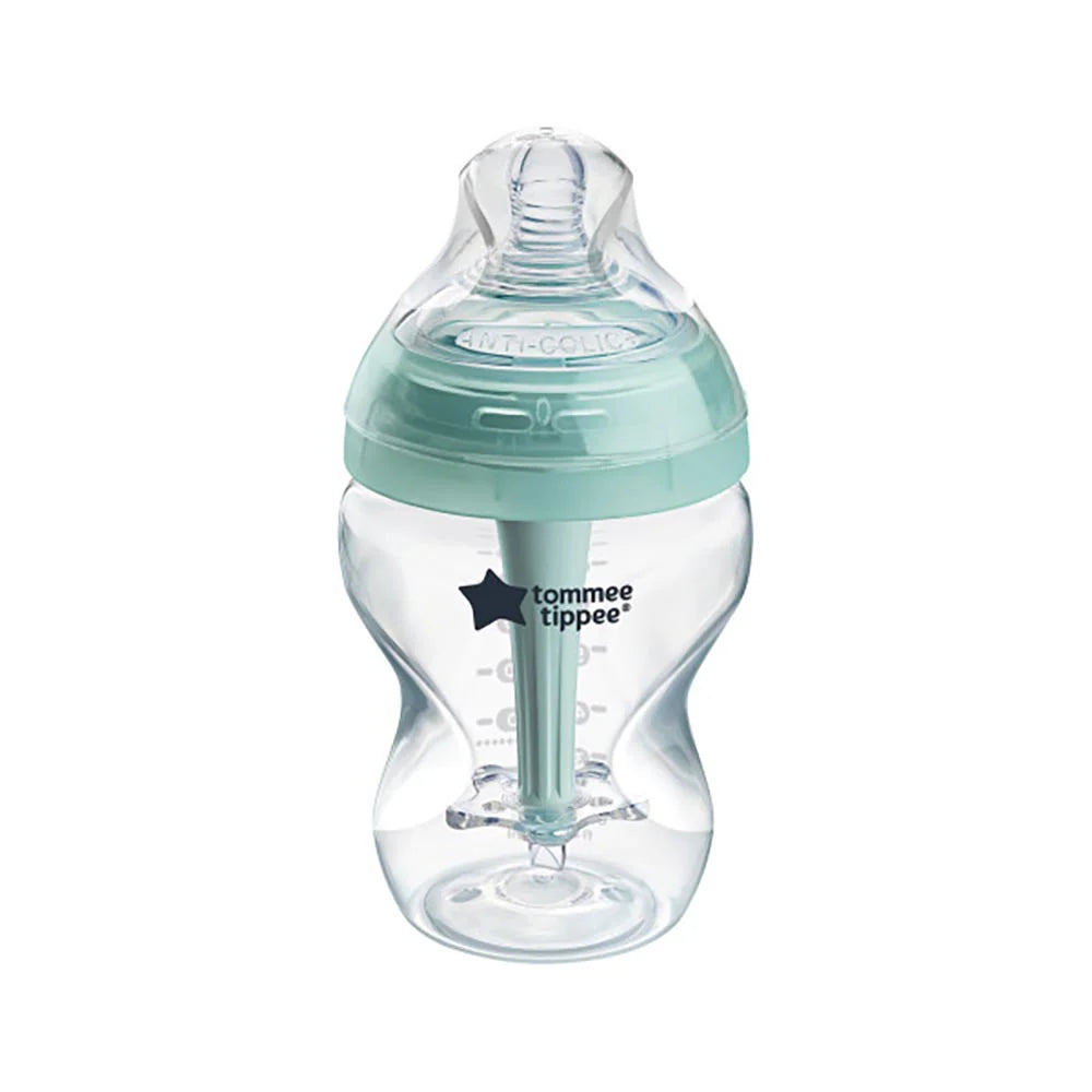 Anti-colic baby bottle, clear body with mint cap and star vented nipple