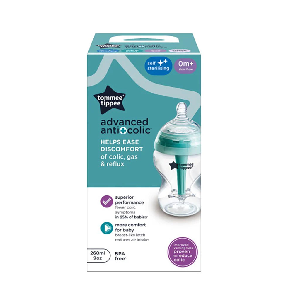 260ml anti-colic baby bottle, clear body with mint vented nipple insert