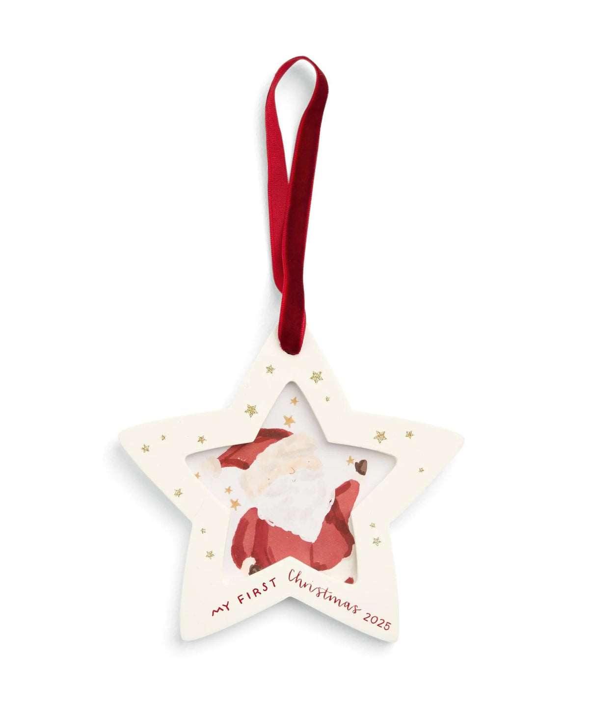 Hanging star picture frame with red ribbon, angel illustration and gold star accents