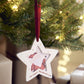 Hanging star picture frame on Christmas tree, angel illustration, red ribbon, gold accents