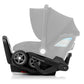 Black car seat and stroller combo with front wheels and carry handle, side view