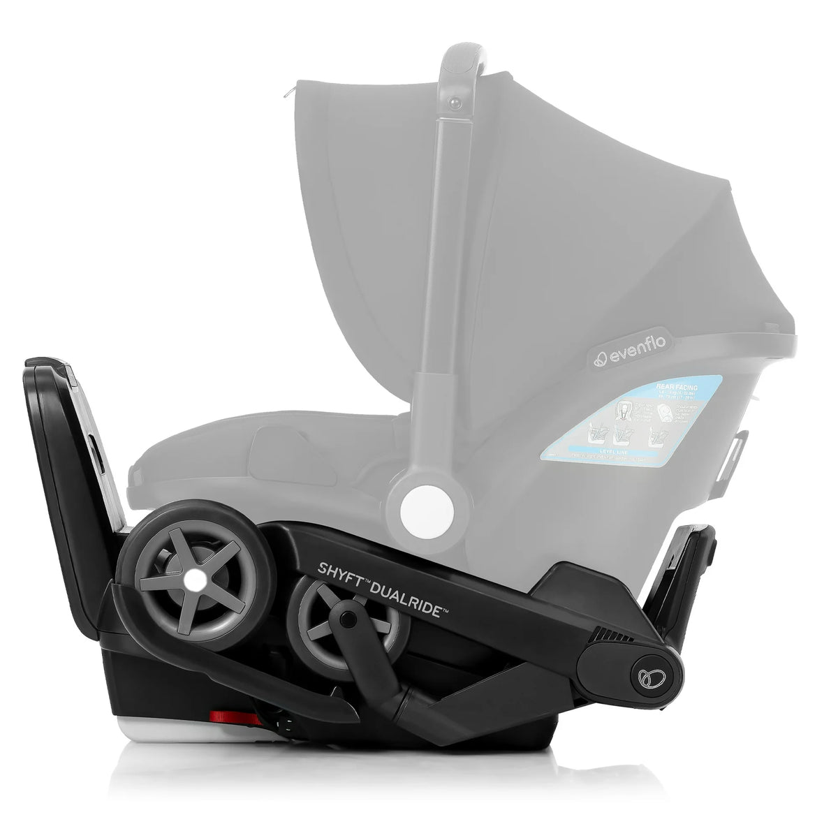 Black car seat and stroller combo with front wheels and carry handle, side view