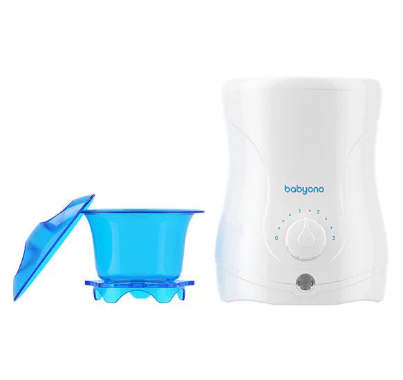 Electric bottle warmer and sterilizer with white base and blue insert