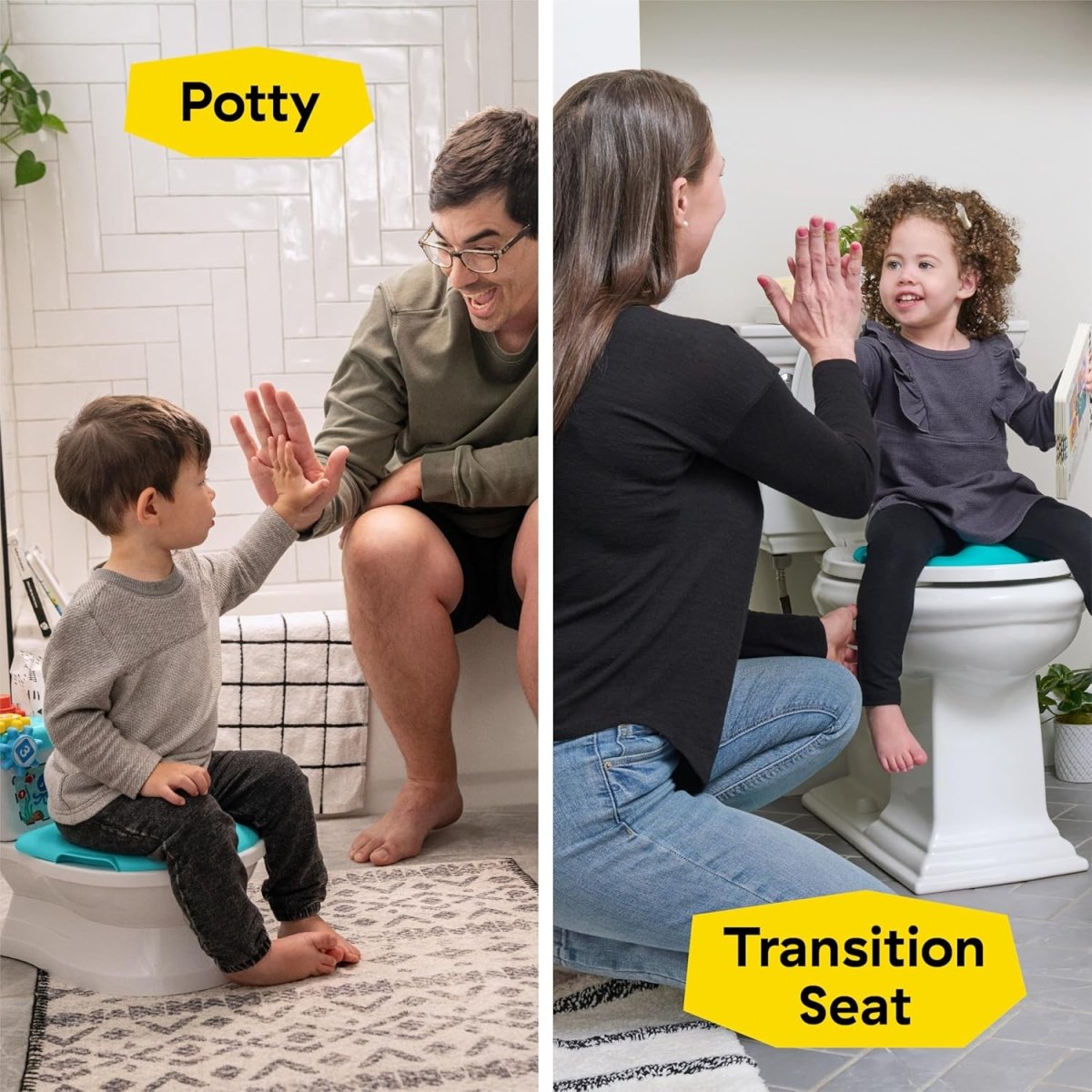 Teal toddler potty with toy top; child and adult using the seat on a white base
