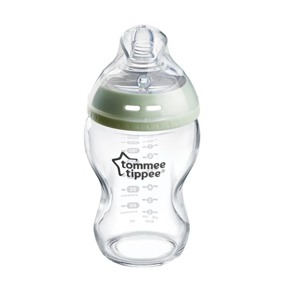 250ml glass baby bottle with green collar and clear silicone teat, Tommee Tippee