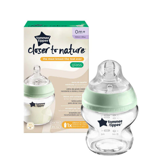 150ml glass baby bottle with mint silicone collar and transparent body