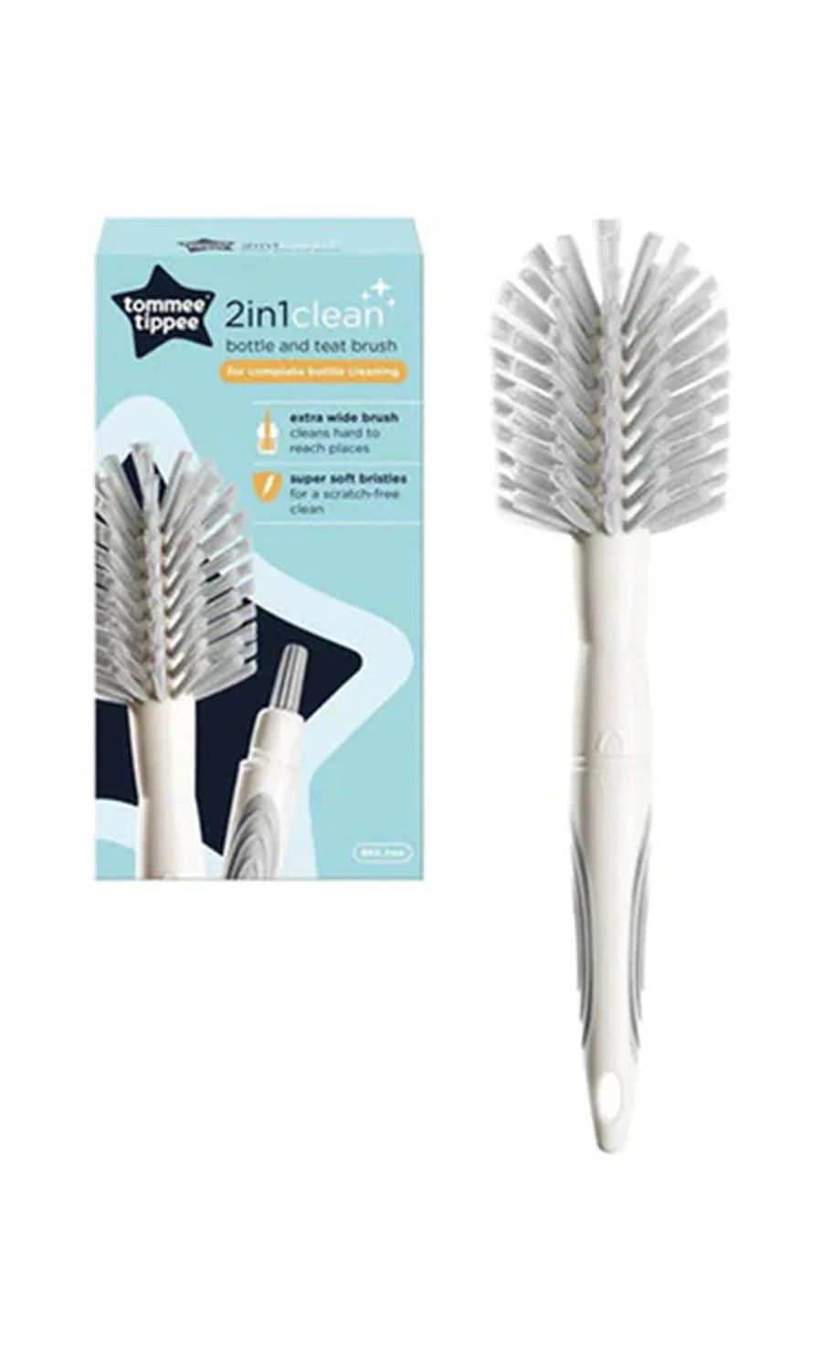 Bottle and teat brush with white handle and clear-tipped bristles